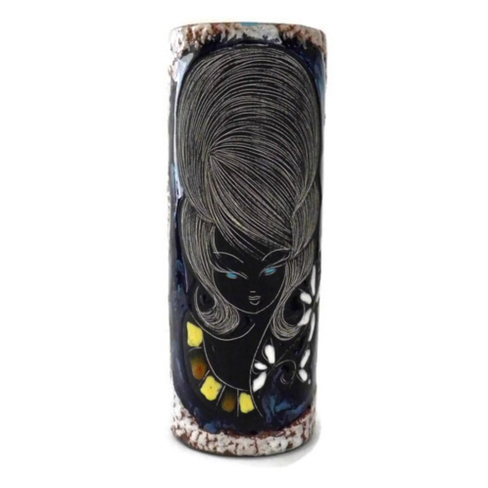 Small Hand Etched Bouffant Hair Woman Ceramic Vase